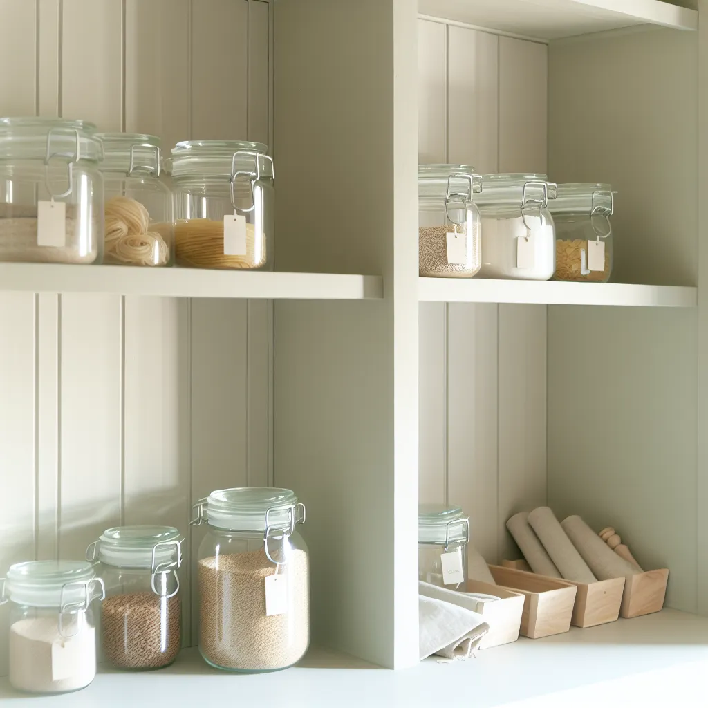 Nordic minimal pantry with glass containers and pale wood shelving